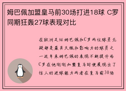 姆巴佩加盟皇马前30场打进18球 C罗同期狂轰27球表现对比